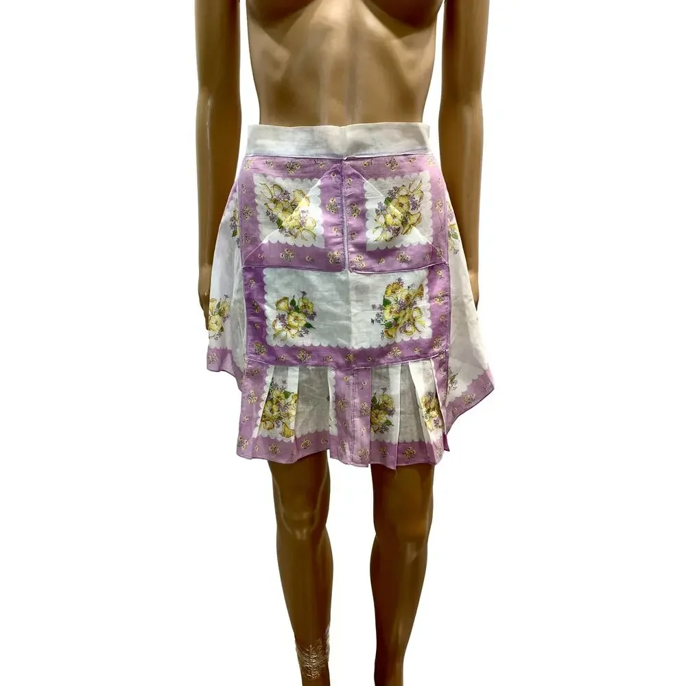 Vintage 50s Lilac Floral Hankie Apron Handmade Sheer Hostess Tea Apron